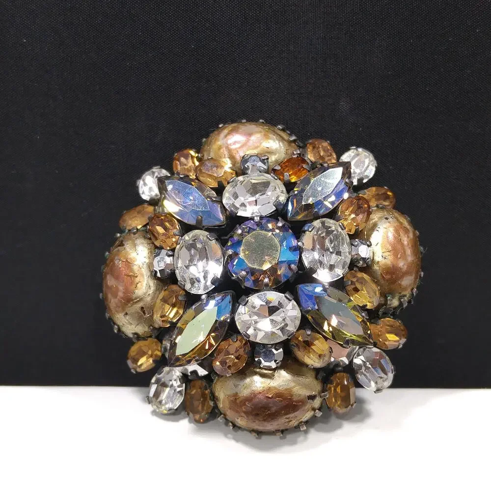 Austrian Brooch, Topaz Clear Rhinestones, Faux Baroque Pearls, 1950s Vintage